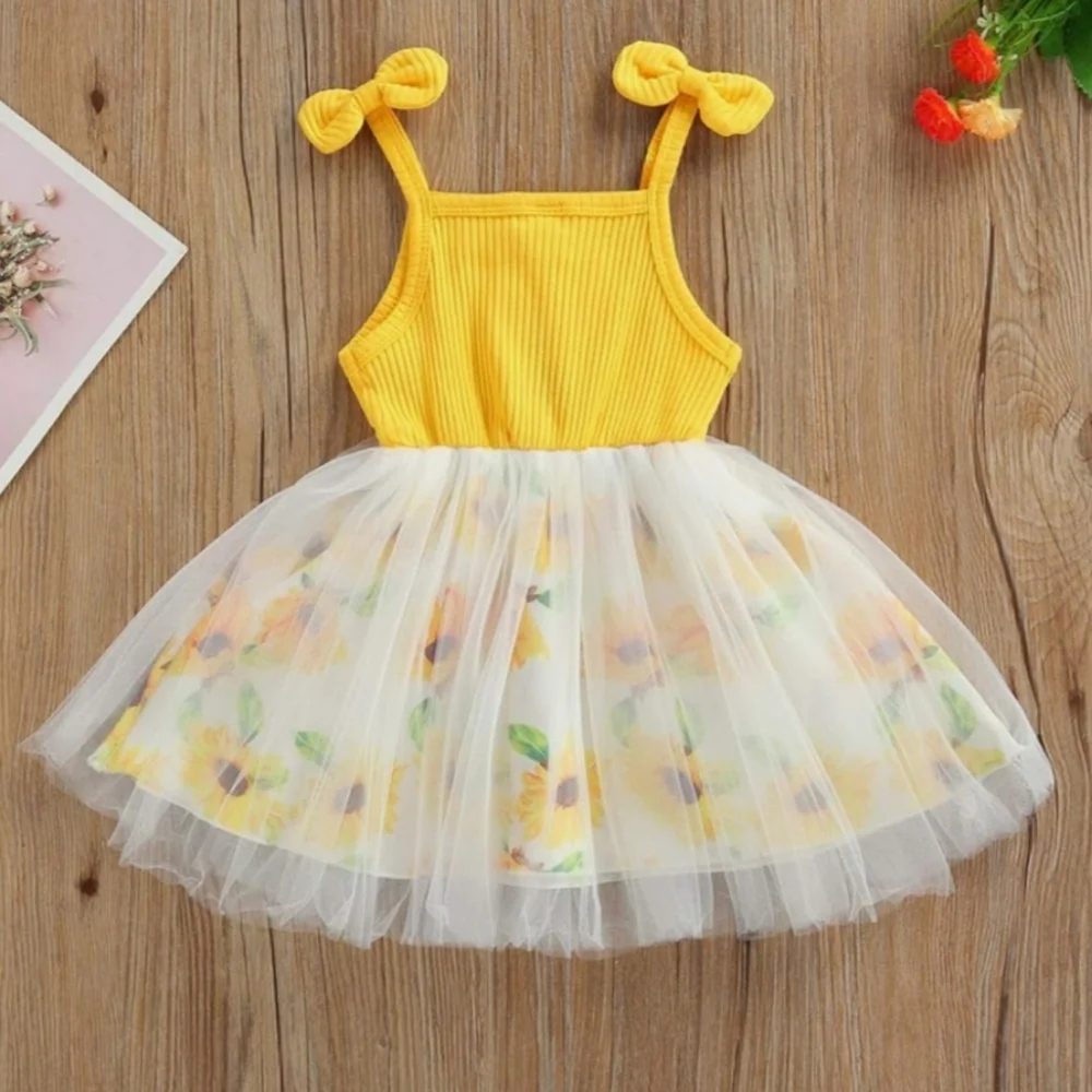Toddler Girl Yellow Floral Tulle Dress Ribbed Sun Dress Ruffle Bodice 18-24M